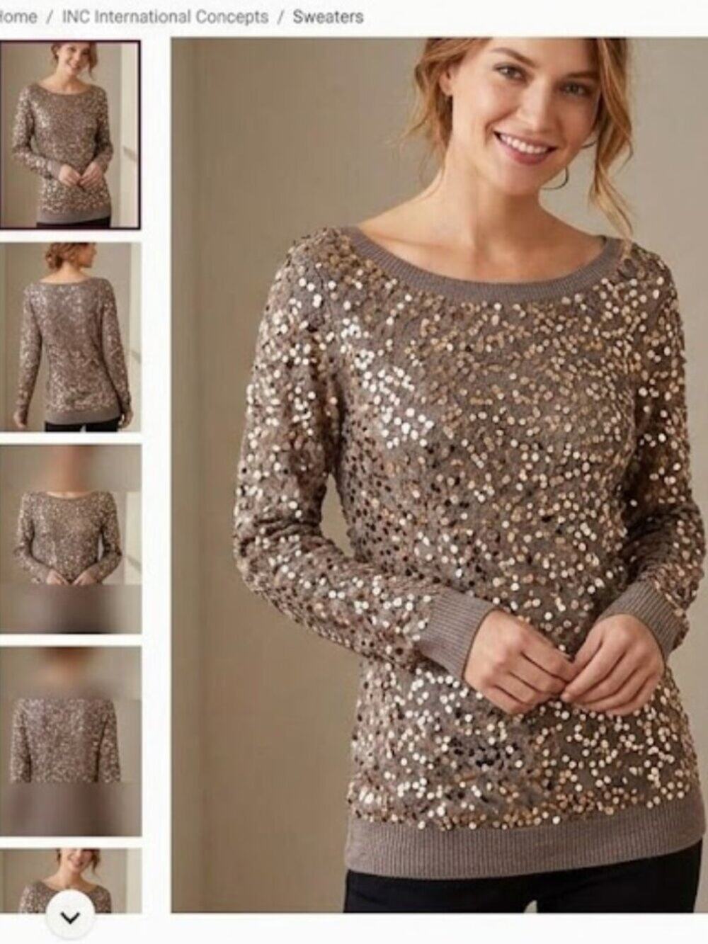 INC International Concepts NWT Sequin Embellished Sweater Taupe Gold Small